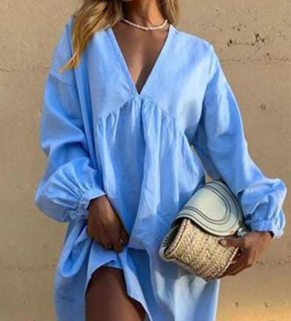 LP | Casual V-neck dress with pleated lantern sleeves