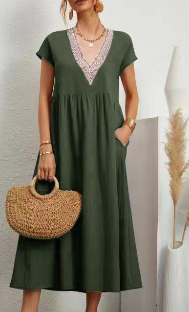 LP | Dress with free pockets, V-neck and short sleeves, cotton and linen