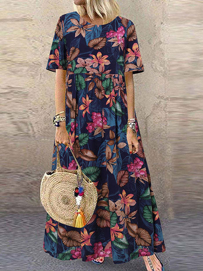 Women's Long Dress Round Neck Casual Vintage Short Pants