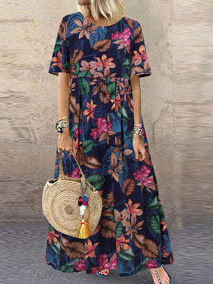 Women's Long Dress Round Neck Casual Vintage Short Pants