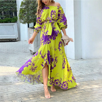 LP | Andrea -Long skirt for women printed, lantern sleeves, high waist, elegant dress with dropped shoulders