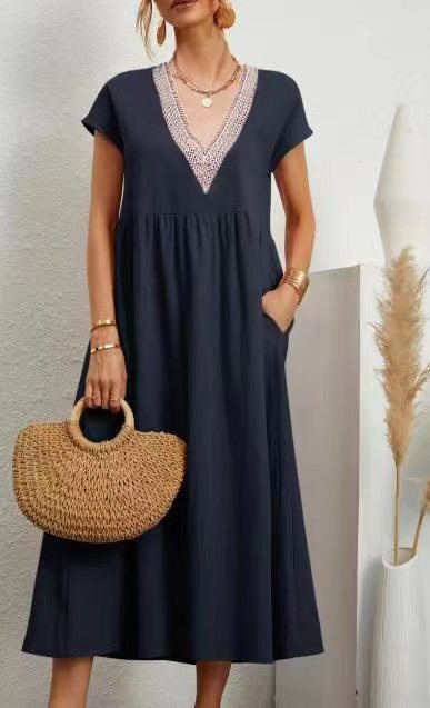 LP | Dress with free pockets, V-neck and short sleeves, cotton and linen