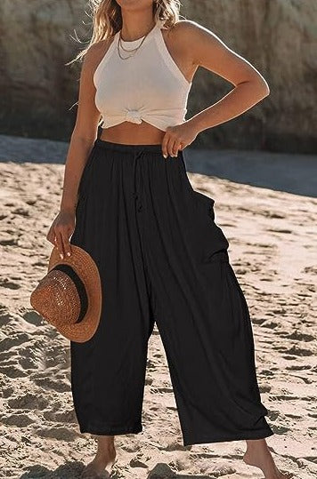 Wide pants of cotton and linen with elastic waistband and pockets
