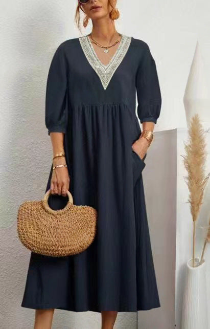 LP | Maggie - cotton and linen V-neck, wide sleeves and lace dress