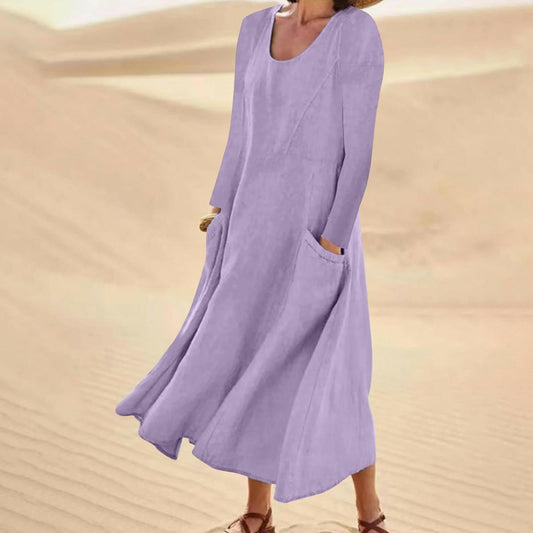 LP | Solid-color dress with long sleeves and round neckline
