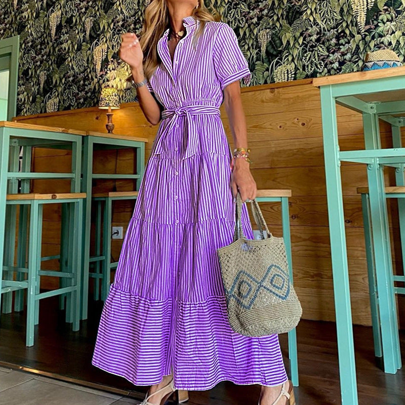 LD Fashion Striped Sleeves Loose Midi Dress Short Pants