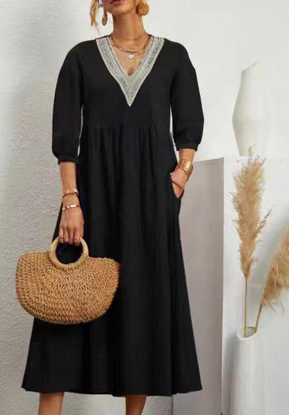 LP | Maggie - cotton and linen V-neck, wide sleeves and lace dress