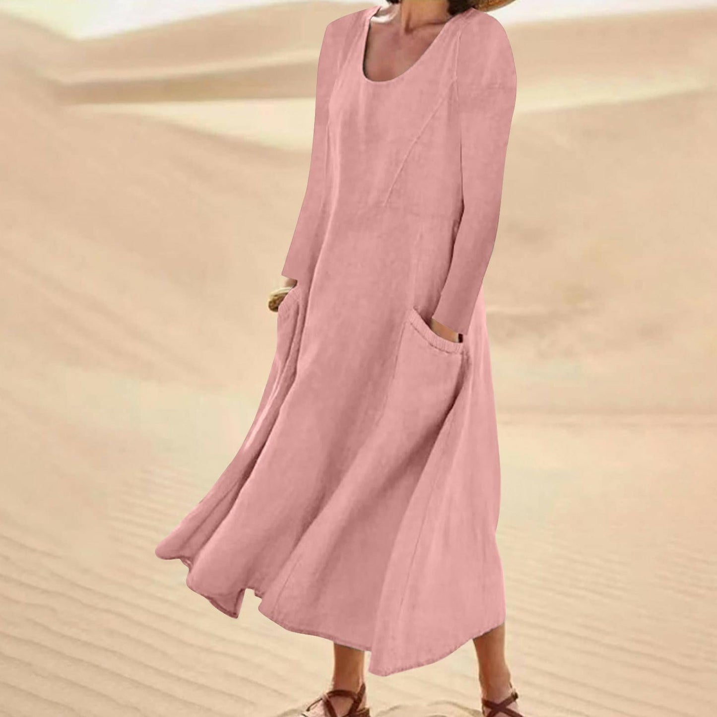LP | Solid-color dress with long sleeves and round neckline
