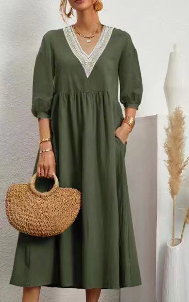 LP | Maggie - cotton and linen V-neck, wide sleeves and lace dress