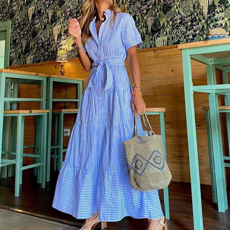 LD Fashion Striped Sleeves Loose Midi Dress Short Pants