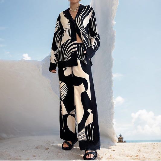 Elegant printed-set-with-long-sleeves-and-fashionable-pants