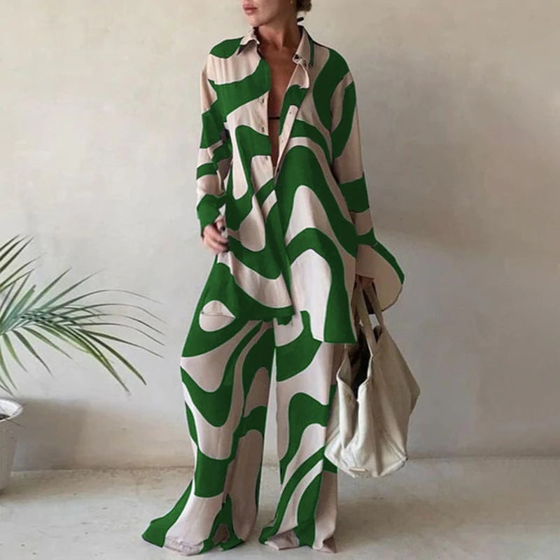 Set of roomy long-sleeved blouses and matching wide-leg pants