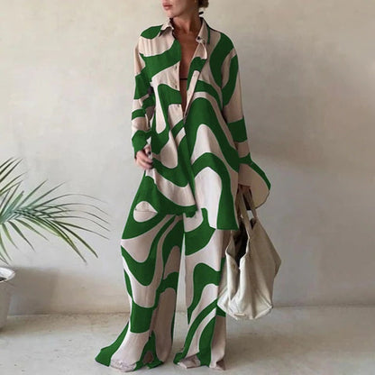 Set of roomy long-sleeved blouses and matching wide-leg pants