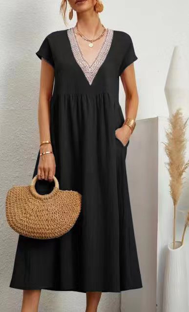 LP | Dress with free pockets, V-neck and short sleeves, cotton and linen