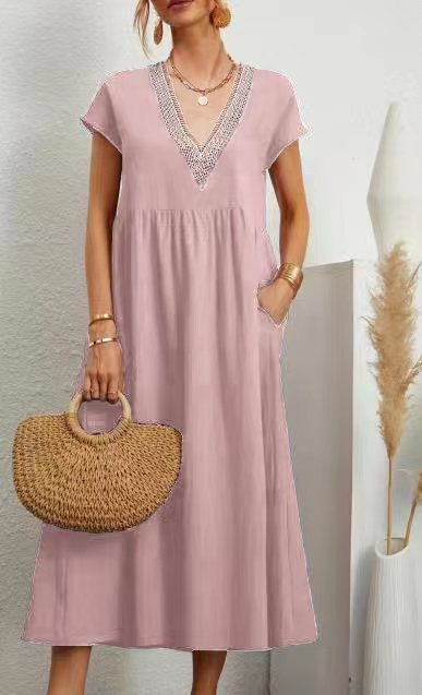 LP | Dress with free pockets, V-neck and short sleeves, cotton and linen