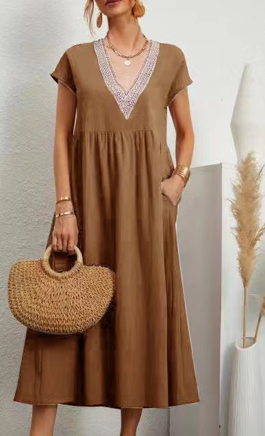 LP | Dress with free pockets, V-neck and short sleeves, cotton and linen