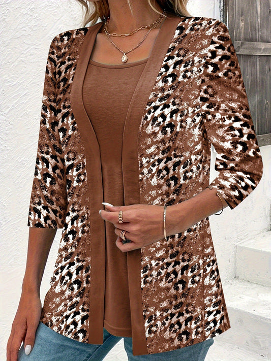 LP Two-piece set, one-color top and cardigan with leopard pattern