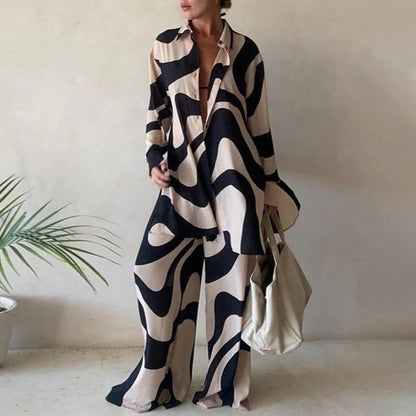 Set of roomy long-sleeved blouses and matching wide-leg pants