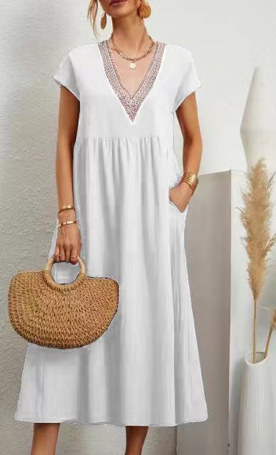 LP | Dress with free pockets, V-neck and short sleeves, cotton and linen