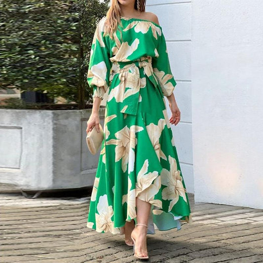 LP | Andrea -Long skirt for women printed, lantern sleeves, high waist, elegant dress with dropped shoulders