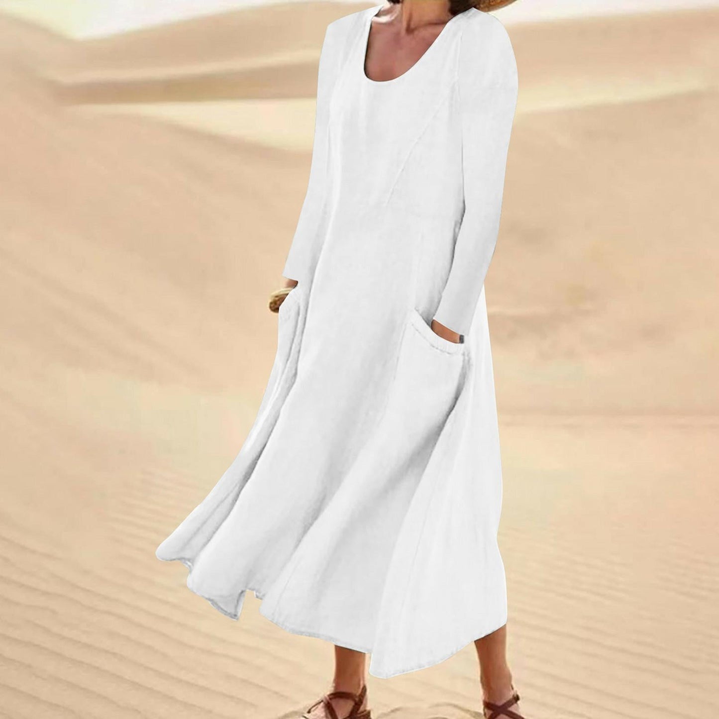 LP | Solid-color dress with long sleeves and round neckline