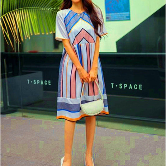 LP | Embellished mini dress with short sleeves and striped round neckline