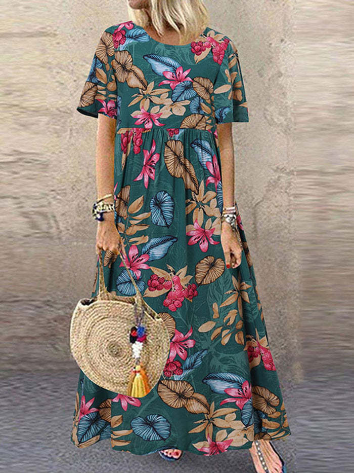 Women's Long Dress Round Neck Casual Vintage Short Pants