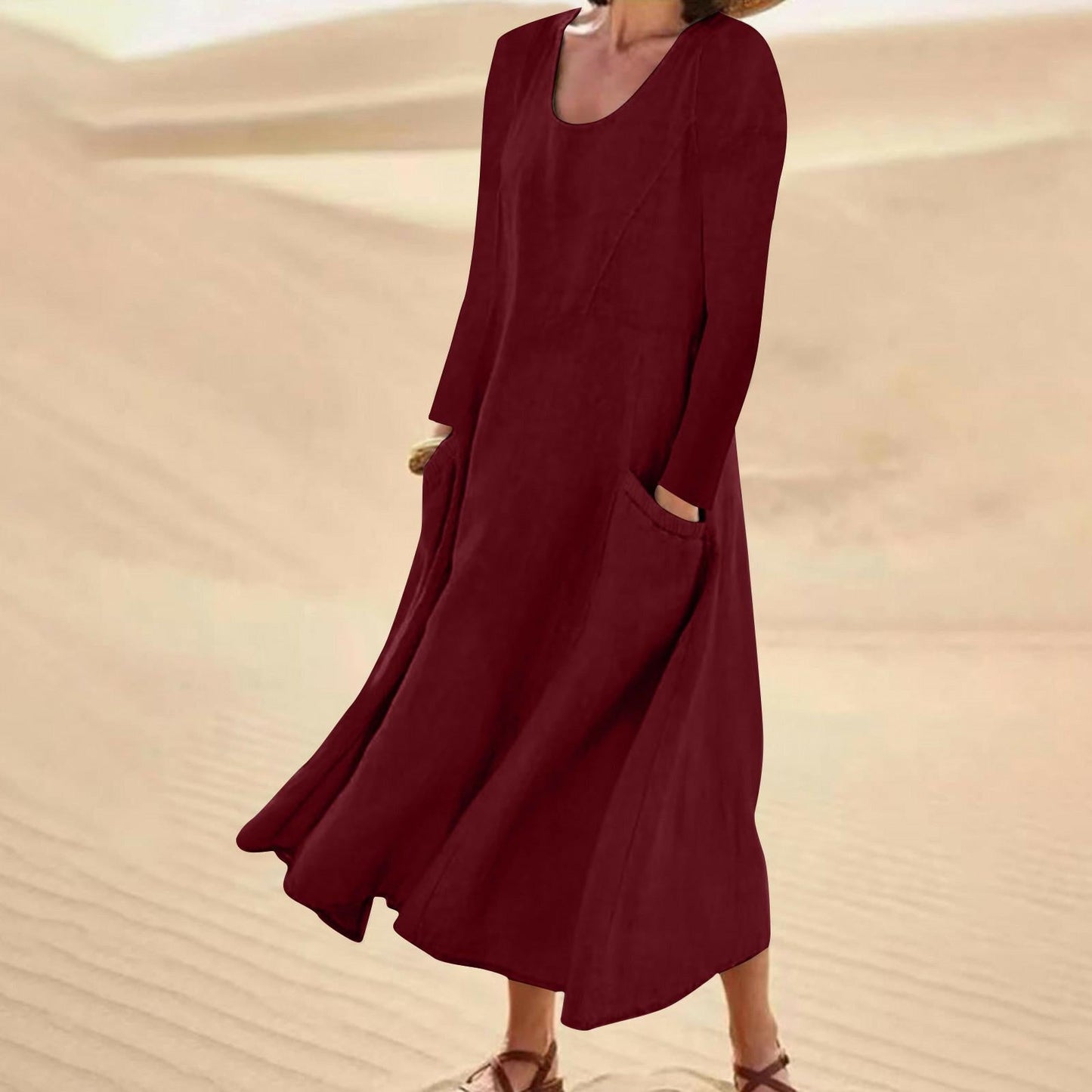 LP | Solid-color dress with long sleeves and round neckline