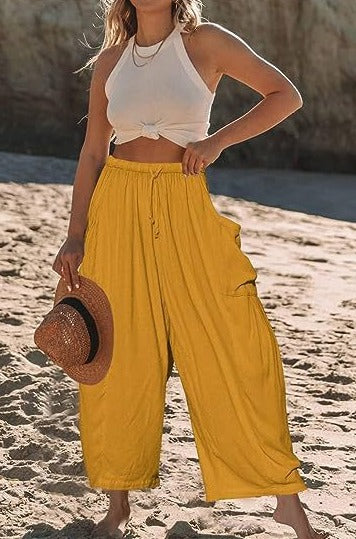 Wide pants of cotton and linen with elastic waistband and pockets