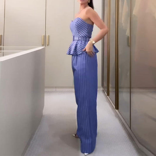 Jaymie - Fashionable striped ensemble with tube top and pants with print
