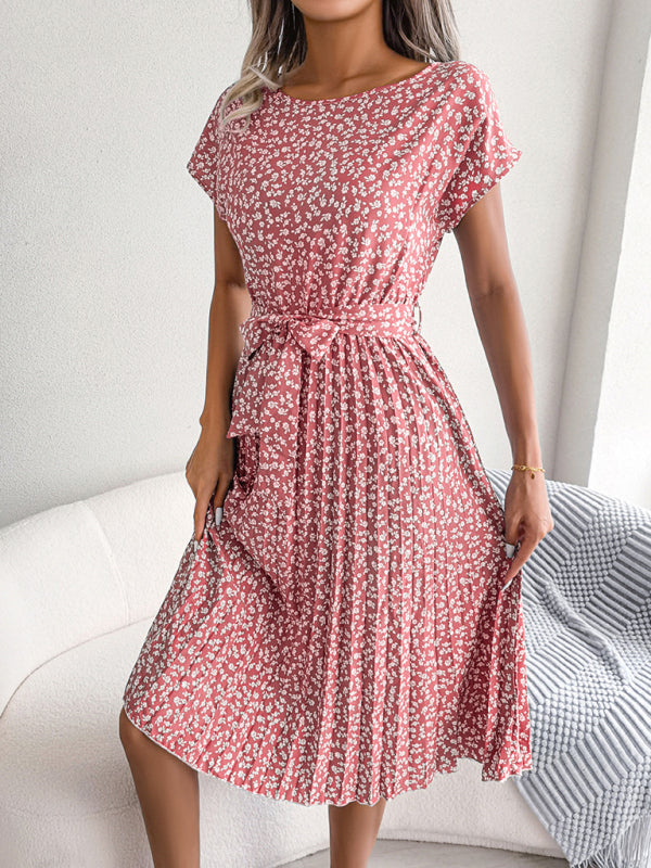 LP | Midi dress with tie and floral print with round trapeze neckline