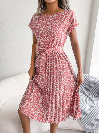 LP | Midi dress with tie and floral print with round trapeze neckline