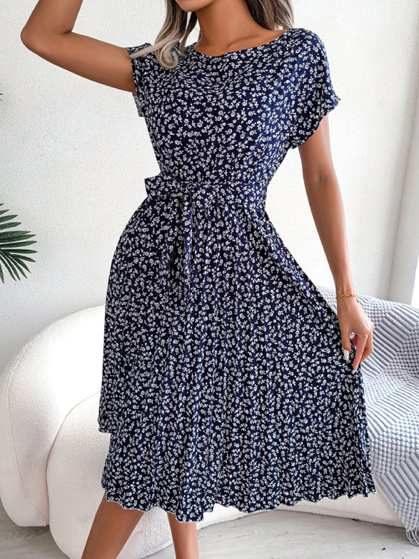 LP | Midi dress with tie and floral print with round trapeze neckline