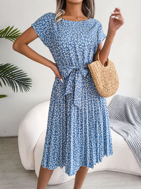 LP | Midi dress with tie and floral print with round trapeze neckline