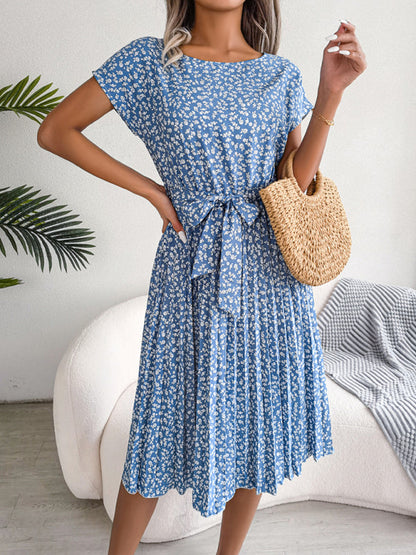LP | Midi dress with tie and floral print with round trapeze neckline