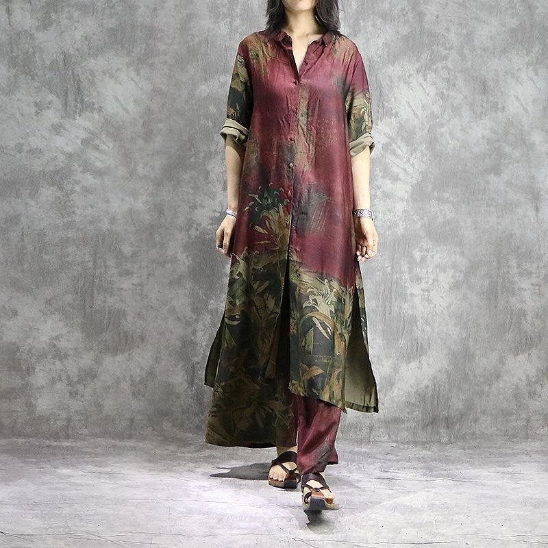 Organic pants-with-wide-legs silk tunics-plus-size-red-prints-dresses-summer-two-pieces