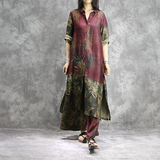 Organic pants-with-wide-legs silk tunics-plus-size-red-prints-dresses-summer-two-pieces