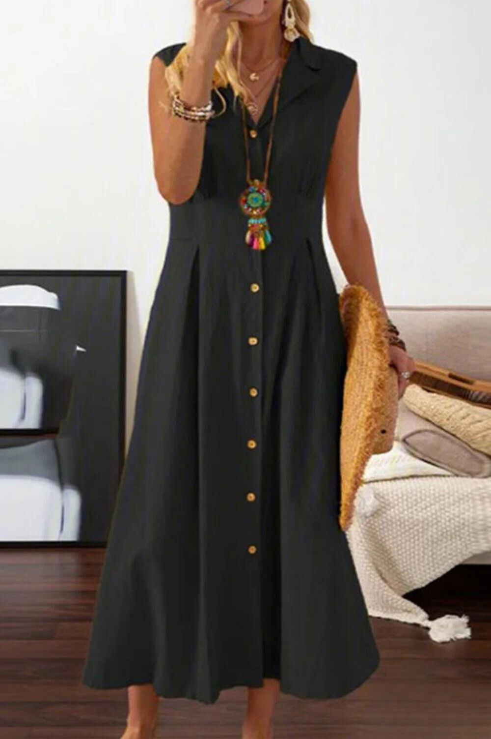 LP | sleeveless midi dress with overlapping buttons.