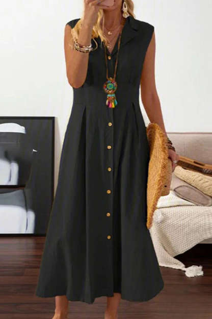 LP | sleeveless midi dress with overlapping buttons.