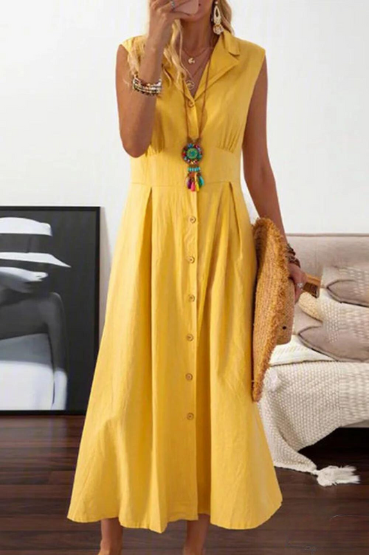 LP | sleeveless midi dress with overlapping buttons.