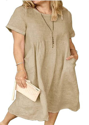 LP | Cotton and linen dress with short sleeves and gathered pockets