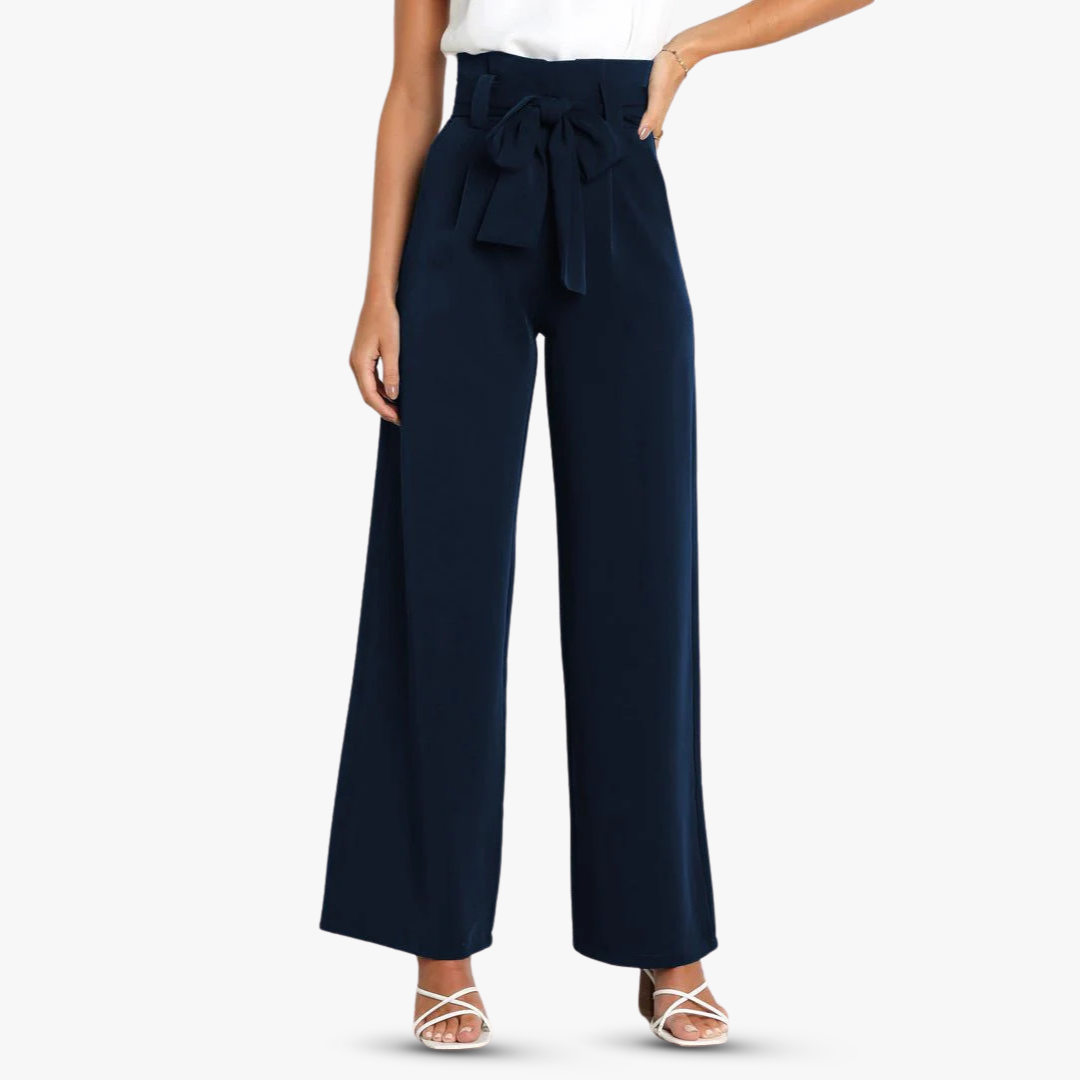 Wide-leg fabric pants for ladies with tie belt
