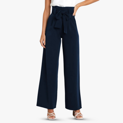 Wide-leg fabric pants for ladies with tie belt