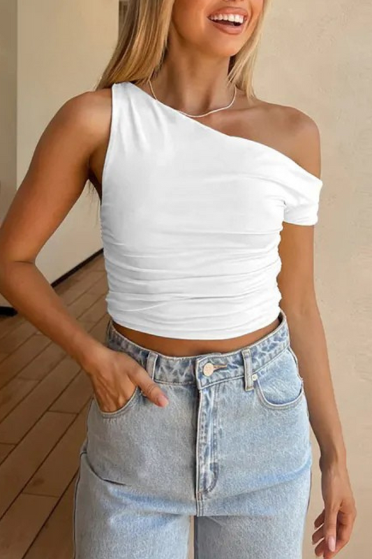 Reina |  Oblique Collar Crop Off-shoulder Top