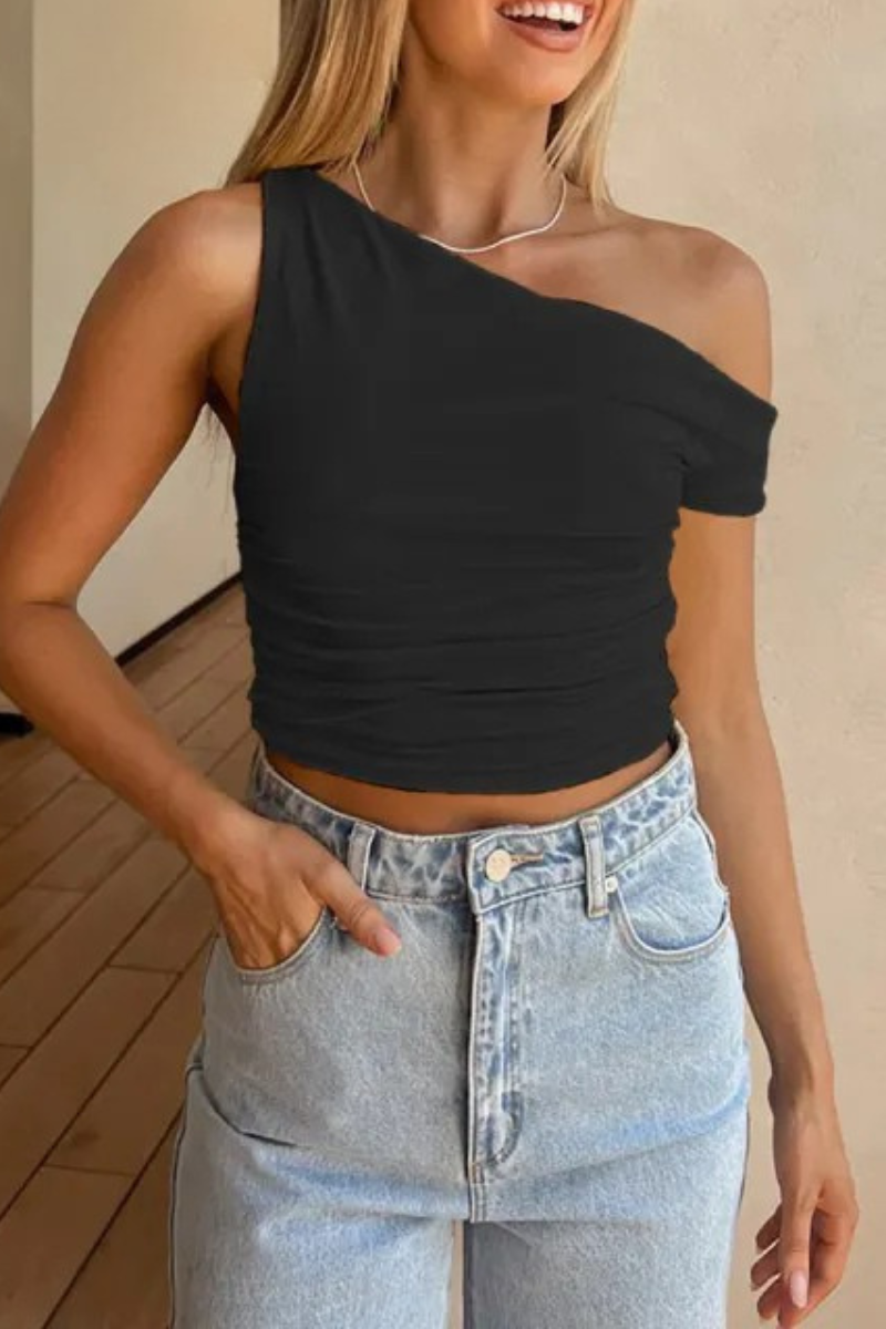 Reina |  Oblique Collar Crop Off-shoulder Top