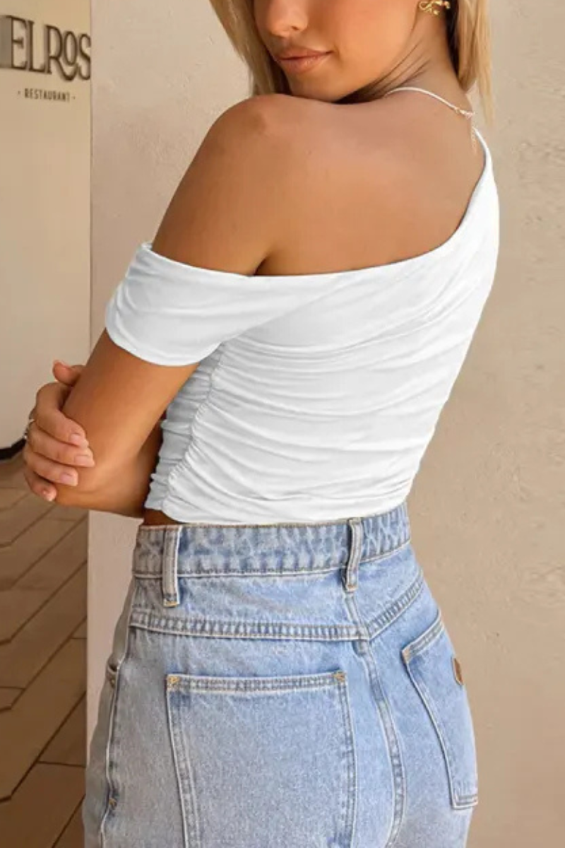 Reina |  Oblique Collar Crop Off-shoulder Top