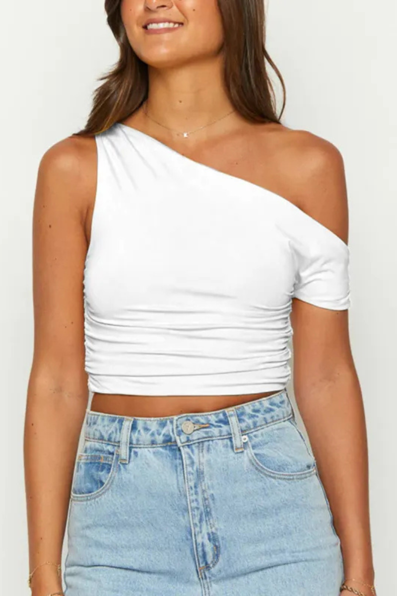 Reina |  Oblique Collar Crop Off-shoulder Top