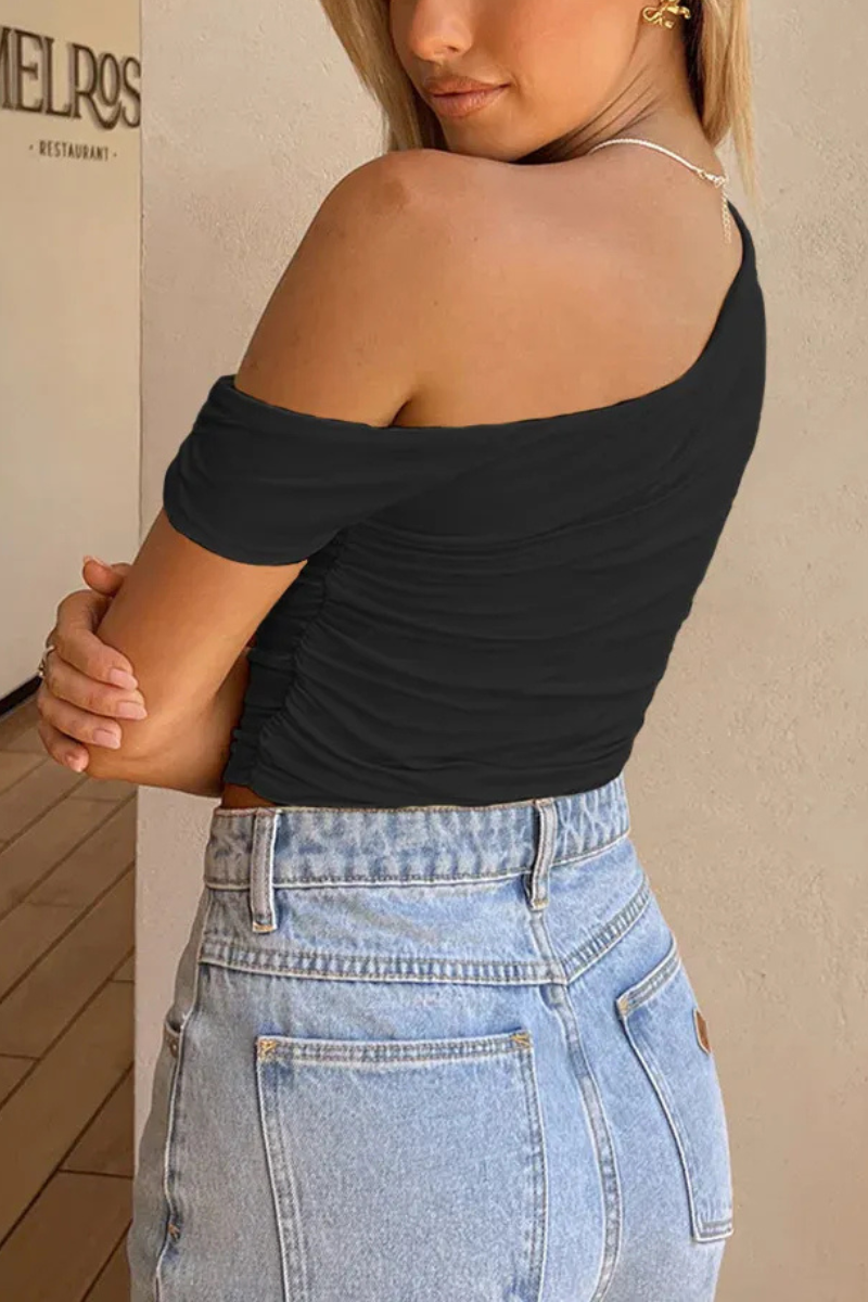 Reina |  Oblique Collar Crop Off-shoulder Top