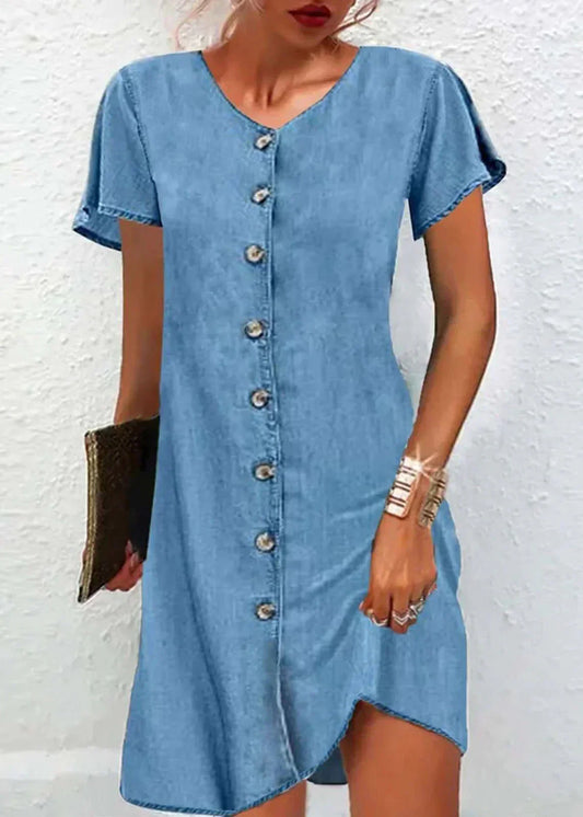 LP | simple denim dress with short sleeves and V-neckline