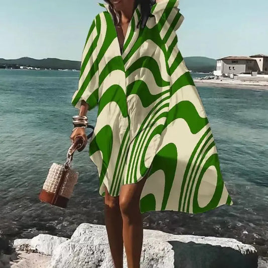 LP | Fall dress 2024 New fashion for leisure Grace printed lapel long sleeve Party loose beach women shirt dresses MsChuh